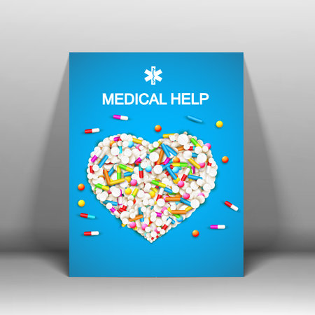Medical care blue poster with colorful pills drugs remedies and capsules in shape of heart vector illustrationのイラスト素材