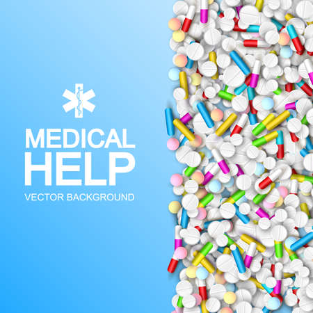 Light medical treatment template with colorful capsules pills and drugs on blue background vector illustrationのイラスト素材