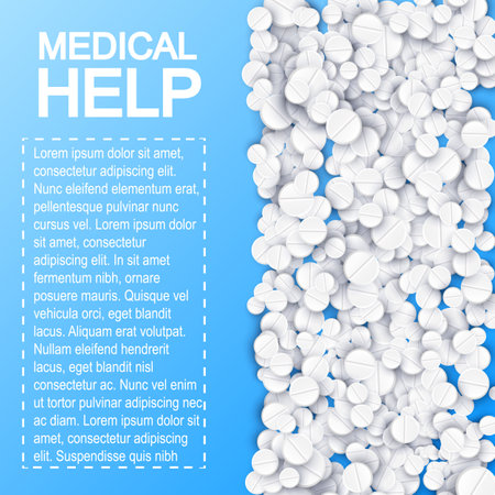 Pharmaceutical medicaments poster with text and white pills drugs remedies on blue background vector illustrationのイラスト素材