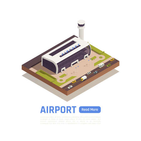 Airport isometric background with text read more button and round composition with road and terminal building vector illustrationのイラスト素材