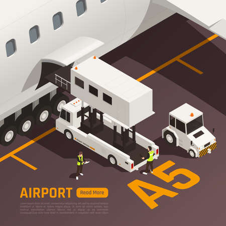 Airport isometric background with text read more button and images of people loading baggage to aircraft vector illustrationのイラスト素材