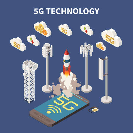 5g internet technology isometric concept on blue background 3d vector illustrationのイラスト素材