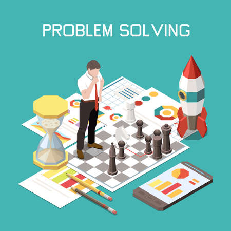 Soft skills isometric colored composition with problem solving and abstract situation at work vector illustrationのイラスト素材