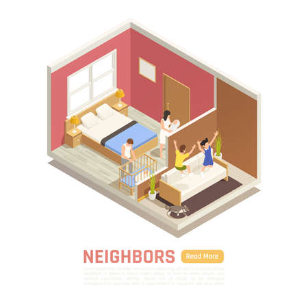 Neighbor relations disputes problems isometric composition with baby parents suffering from noisy next door kids vector illustrationのイラスト素材
