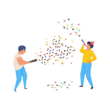 Cheerful celebrating people with confetti flat vector illustrationのイラスト素材