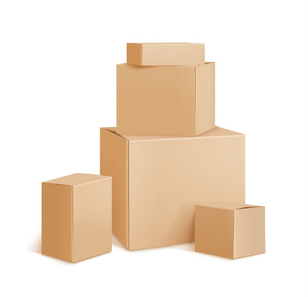 Delivery plain cardboard post boxes postal parcels various sizes heaped one upon another realistic image vector illustrationのイラスト素材