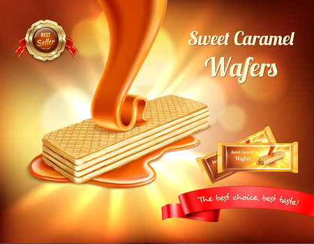 Wafer realistic advertisement background with blurs lights and pouring caramel with editable text and pack shot vector illustrationのイラスト素材
