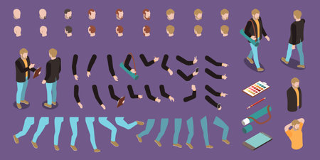 Isometric set of body parts and accessories for male engineer character constructor 3d isolated vector illustrationのイラスト素材