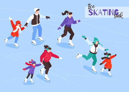 Winter family vacation holiday outdoor activities isometric composition with parents and kids enjoying ice skating vector illustrationのイラスト素材