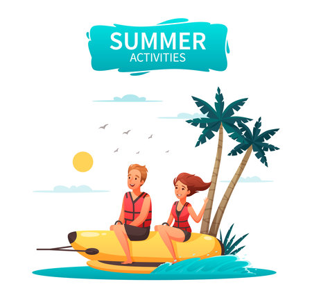 Happy couple doing water sports riding banana boat cartoon vector illustrationのイラスト素材