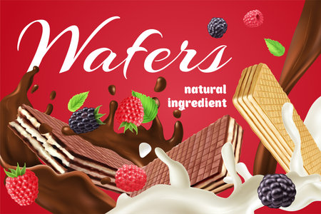 Realistic advertisement with chocolate cream and berry wafers made of natural ingredients on red background vector illustrationのイラスト素材