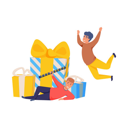 Two happy people and present boxes on white background flat isolated vector illustrationのイラスト素材