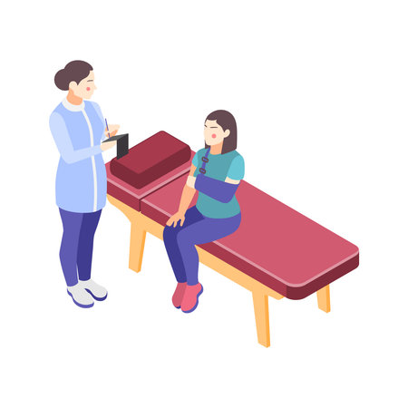 Isometric orthopedics clinic icon of doctor and woman with broken arm in sling 3d vector illustrationのイラスト素材