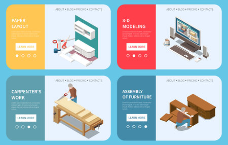 Carpentry production 4 isometric web banners with paper layout 3d computer modeling woodwork furniture assembling vector illustrationのイラスト素材