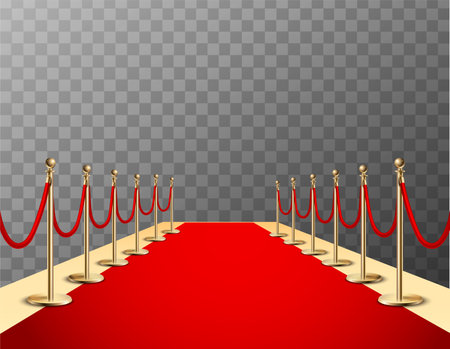Red carpet realistic colored composition with red event carpet barrier and transparent background vector illustrationのイラスト素材