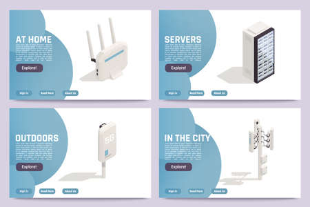 Home internet providers outdoor secure network access wireless routers servers accessoires 4 isometric web banners vector illustrationのイラスト素材