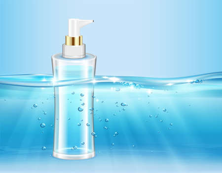 Underwater wave cosmetics moisturizing realistic composition with water logged transparent flask of cosmetic product with dispenser vector illustrationのイラスト素材