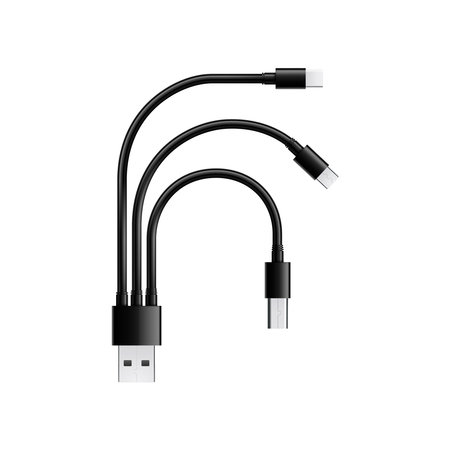 Composition with realistic image of cable adapter with multiple plugs usb types for mobile devices vector illustrationのイラスト素材