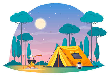 Camping place cartoon composition with yellow tent lamp pot with dinner on fire night sky vector illustrationのイラスト素材