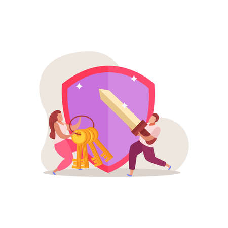 Quest game flat composition with doodle human characters gaming symbols and quest element images vector illustrationのイラスト素材