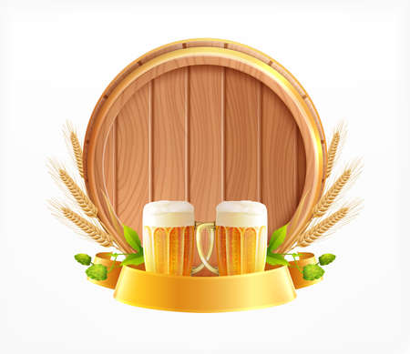 Wooden barrel beer emblem realistic composition with glasses pieces of wheat heads and wood beer cask vector illustrationのイラスト素材