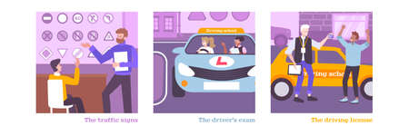 Driving school training set with license symbols flat isolated vector illustrationのイラスト素材