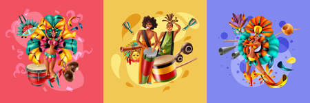 Realistic design concept with dressed up musicians and dancers of brazil carnival isolated on colorful background vector illustrationのイラスト素材