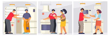 Appliance store set of flat square compositions with people in domestic appliances store with shop consultants vector illustrationのイラスト素材