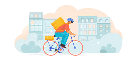 Bicycle delivery composition with flat character of courier riding bike with carrier bag on cityscape background vector illustrationのイラスト素材