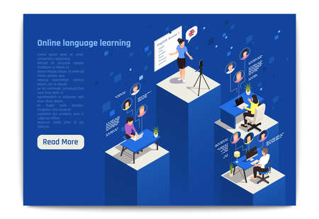 Learn foreign language in virtual classroom innovative flexible courses landing page with english lesson isometric vector illustrationのイラスト素材