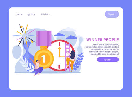 Winner people flat landing page with clickable links buttons and images of trophies clock and people vector illustrationのイラスト素材