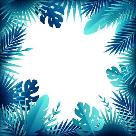 Paper tropical leaves flowers frame composition with empty space surrounded by exotic bushes and plants images vector illustrationのイラスト素材