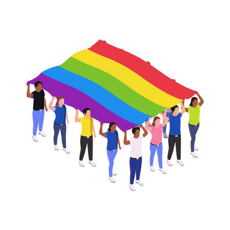 Public protest icon with crowd of people holding lgbt flag 3d isometric vector illustrationのイラスト素材