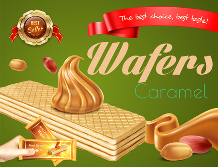 Delicious caramel wafers with nuts realistic advertisement on green background vector illustrationのイラスト素材