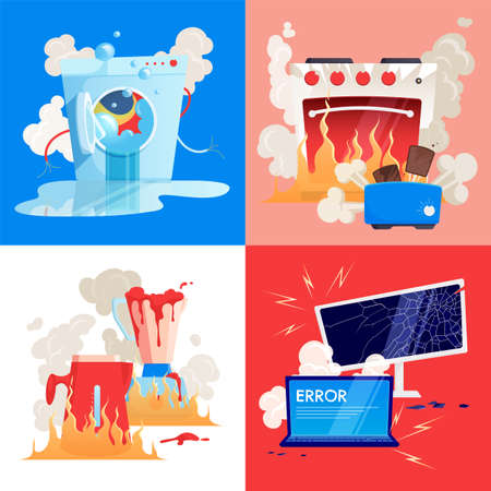 Broken household appliances gadgets flat icon set with broken washing machine toaster pc fire kettle and oven vector illustrationのイラスト素材