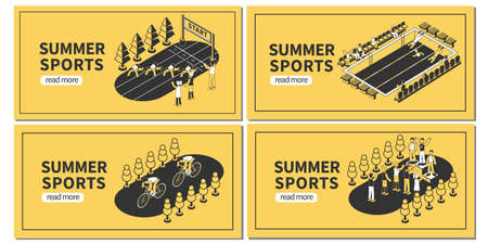 Summer sport competition set of horizontal banners with editable text read more button and isometric images vector illustrationのイラスト素材