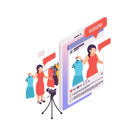 Vlogging isometric concept with woman making fashion video 3d vector illustrationのイラスト素材