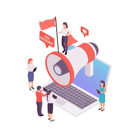 Blogging user engagement isometric concept with megaphone and people 3d vector illustrationのイラスト素材
