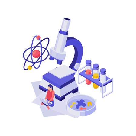 Isometric education concept with 3d science equipment and girl student vector illustrationのイラスト素材