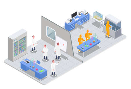 Pharmaceutical production isometric composition with view of research and test rooms with medical products and scientists vector illustrationのイラスト素材