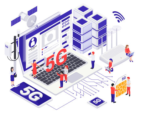 Modern internet communication 5G technology isometric design concept with small characters near big...