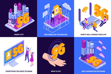 Isometric 5g internet design concept with square compositions of gadget icons human hands and text captions vector illustrationのイラスト素材