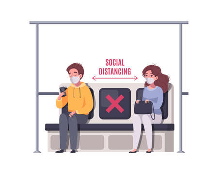 Social distancing cartoon concept with two passengers in masks in metro vector illustrationのイラスト素材