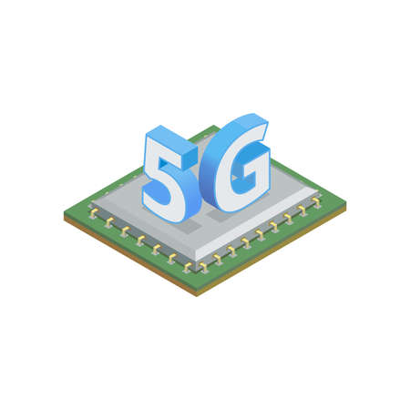 5g high speed internet isometric composition with isolated image of silicon chip with text vector...