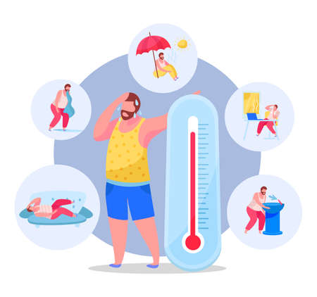 Summertime heatstroke prevention tips symptoms flat circular background composition with sweating...