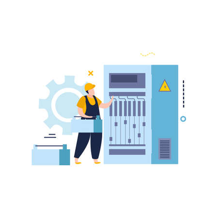 Electricity and lighting flat icons composition with character of electrician fixing power supply cabinet vector illustrationのイラスト素材