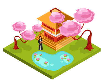 Japan culture traditional architecture religion isometric compositions with monk in front of temple under cherry blossom vector illustrationのイラスト素材
