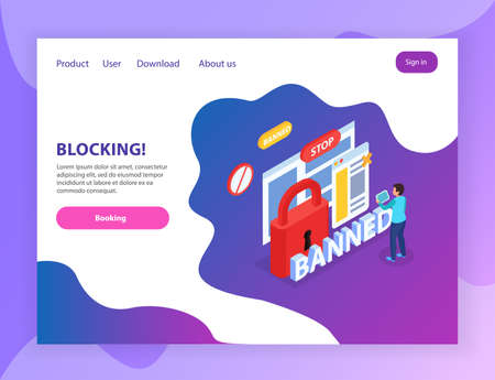 Internet website blocking abusive users  isometric landing page with banned stop lock prohibition signs symbols vector illustrationのイラスト素材