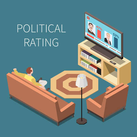 Political rating isometric background with man in home interior watching tv with political competitors on screen vector illustrationのイラスト素材