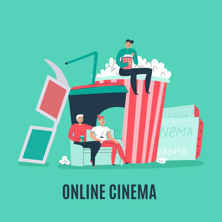 Cinema flat composition with popcorn tickets 3d glasses and people watching film online vector illustrationのイラスト素材